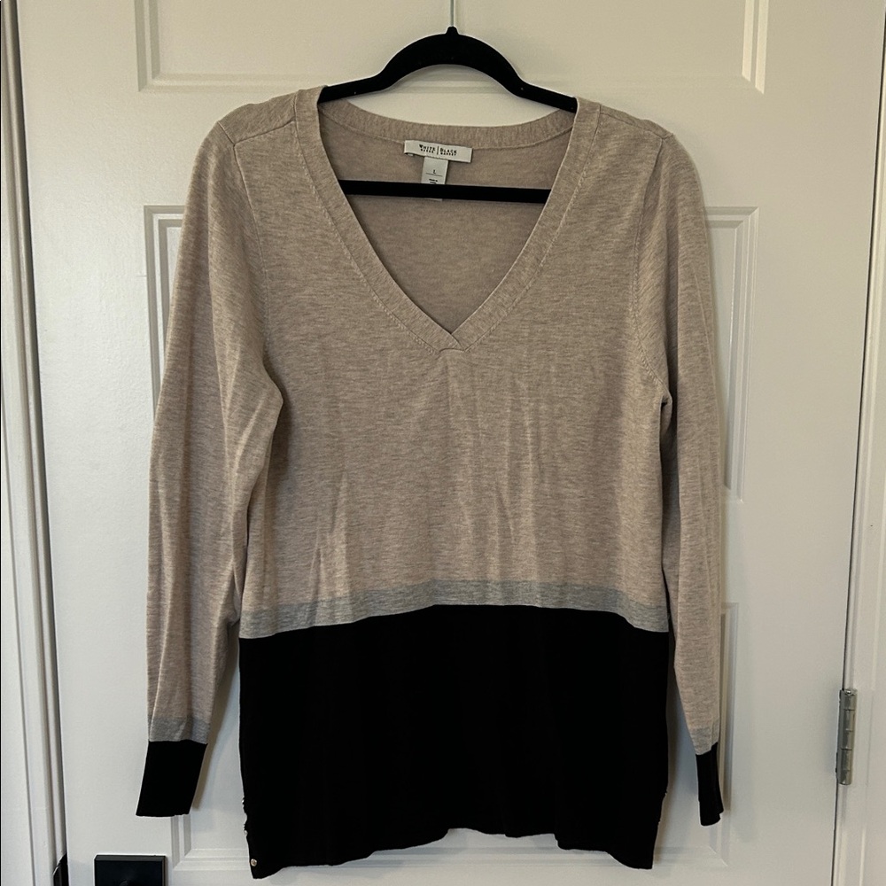 White House Black Market Beige and Black V-Neck Colorblock Sweater